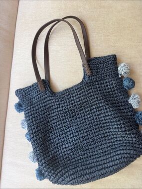 Cappelli Straworld Charcoal Woven Tote with Brown Handles and Pom-Poms